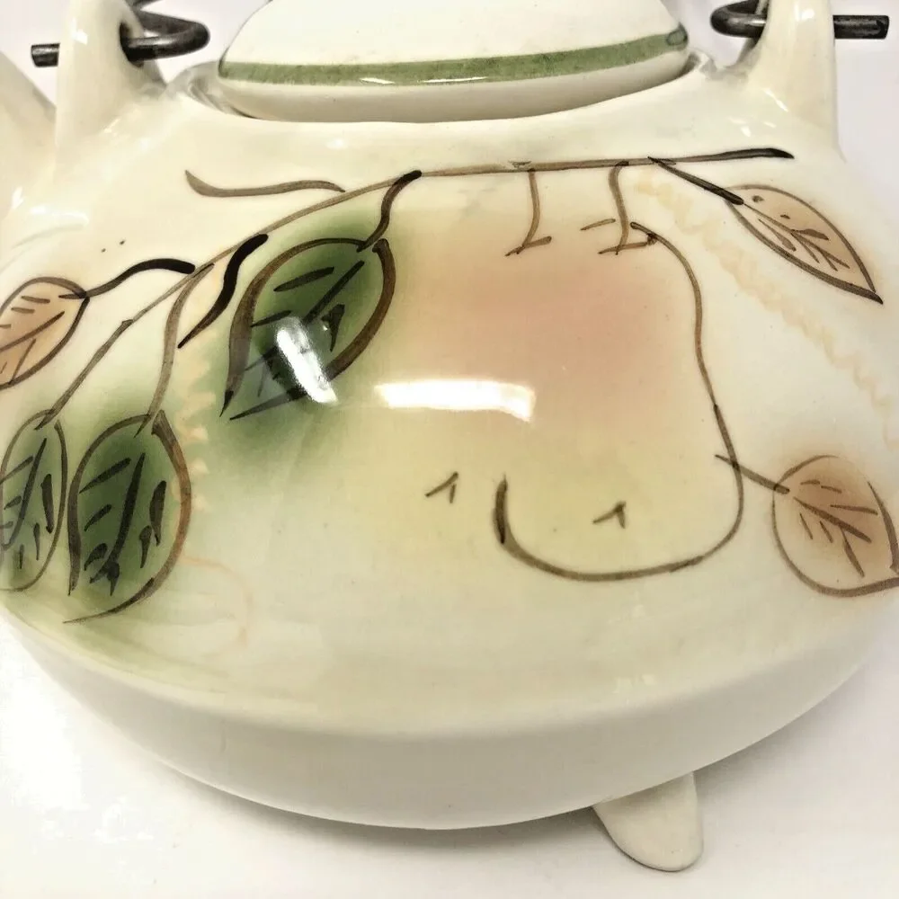California Pottery Teapot Vintage 3 Toed Handpainted Fruit Metal Coil Handle USA